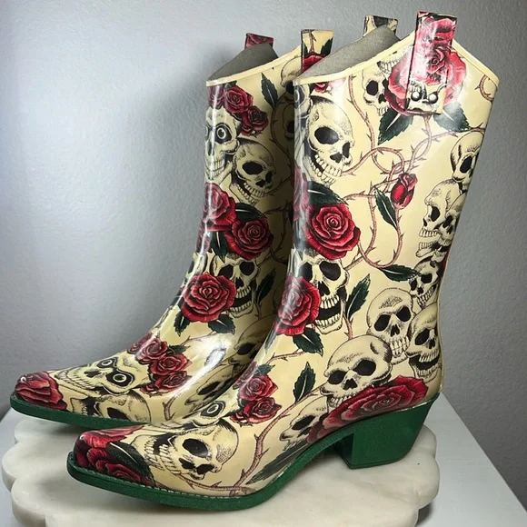 Shoes Womens Pointed Toe Skull Day Of Dead Rubber Rain Boots Sz